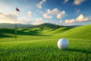 download golf ball resting on the green with the hole flag and course landscape on a sunny day for free