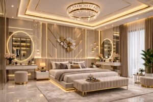 modern luxury bedroom interior design with led wall panel & elegant makeup vanity setup