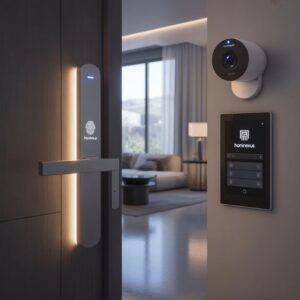 smart home security system by hominexus smart lock, handle & camera in a modern living room